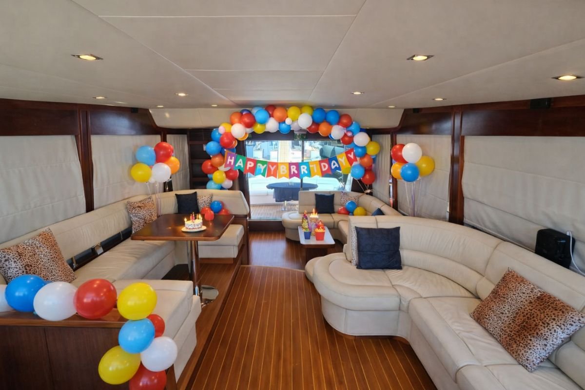Outdoor lounge wedding setup on yacht in Abu Dhabi