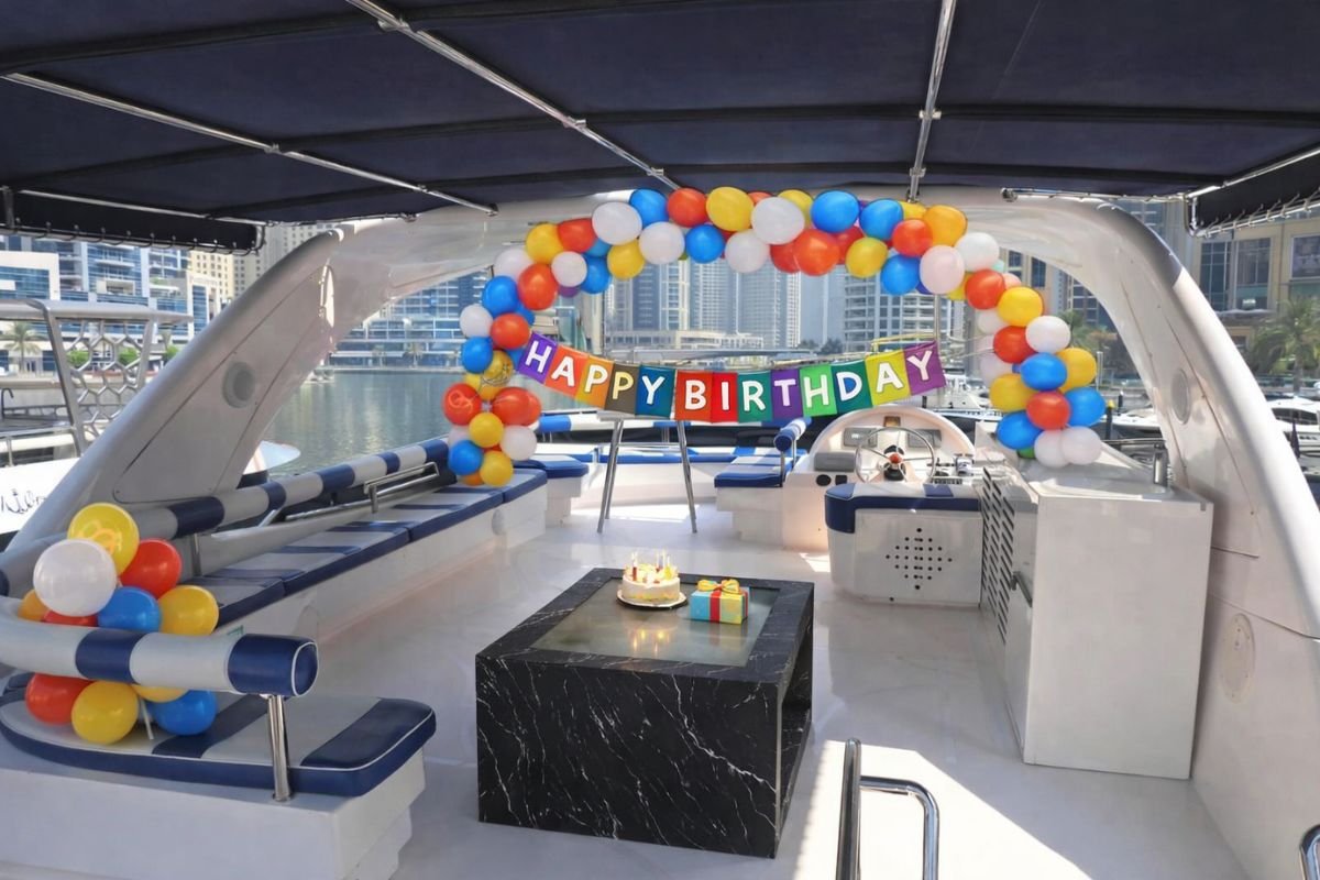 Outdoor deck seating on wedding yacht in Abu Dhabi