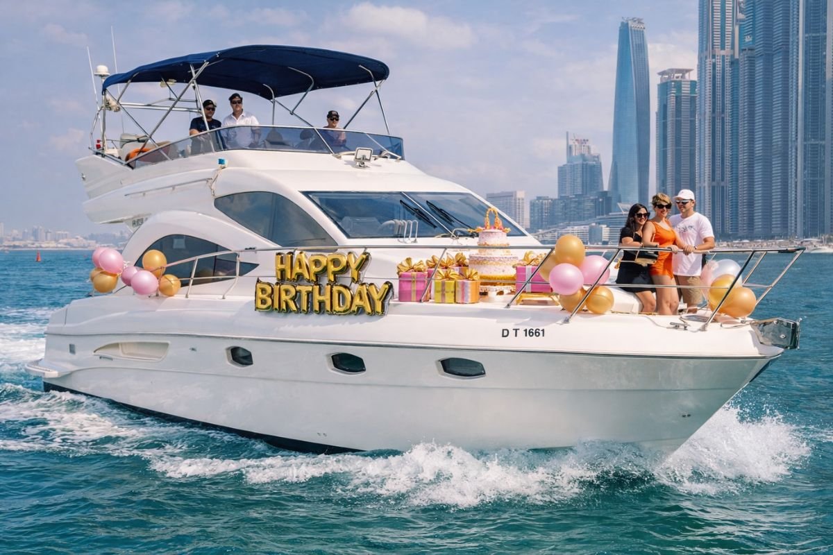 Couple relaxing on luxury wedding yacht in Abu Dhabi
